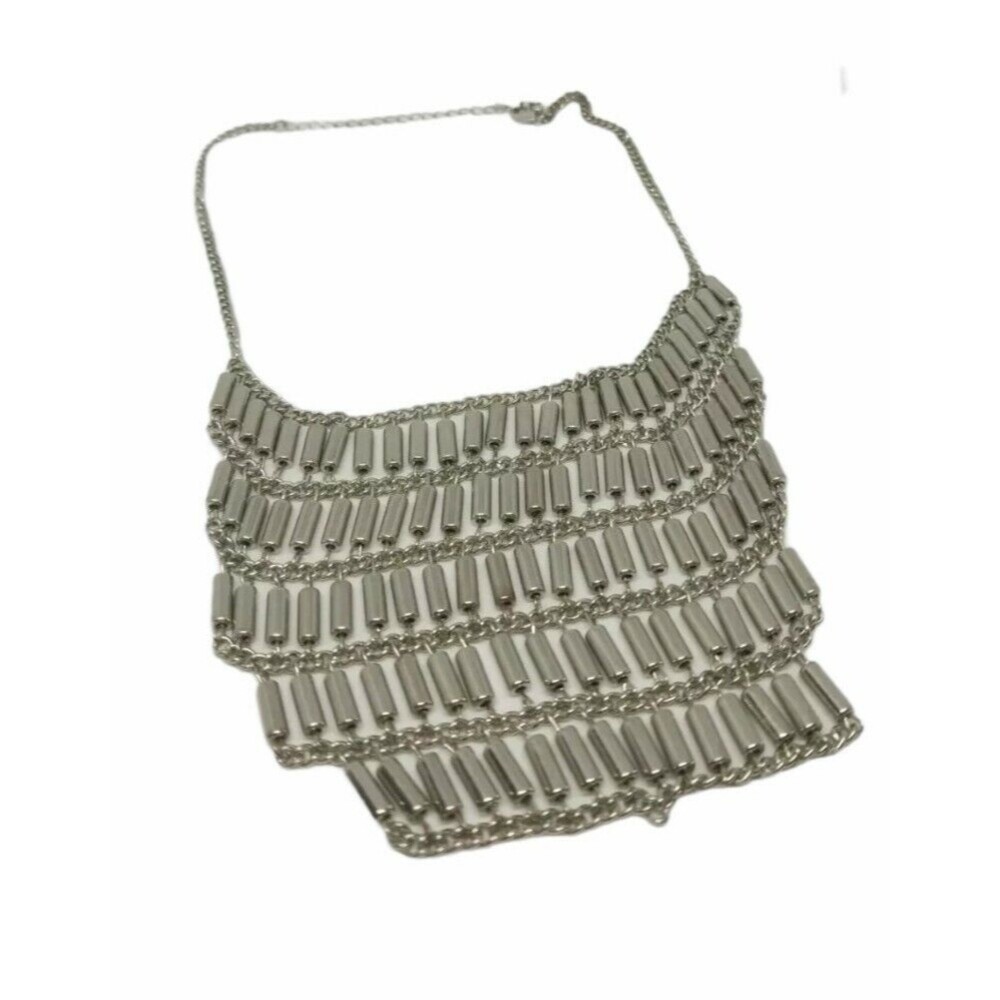 Silver Tone Necklace Chain Cylinder Beads Statement Steampunk Rocker Fashion